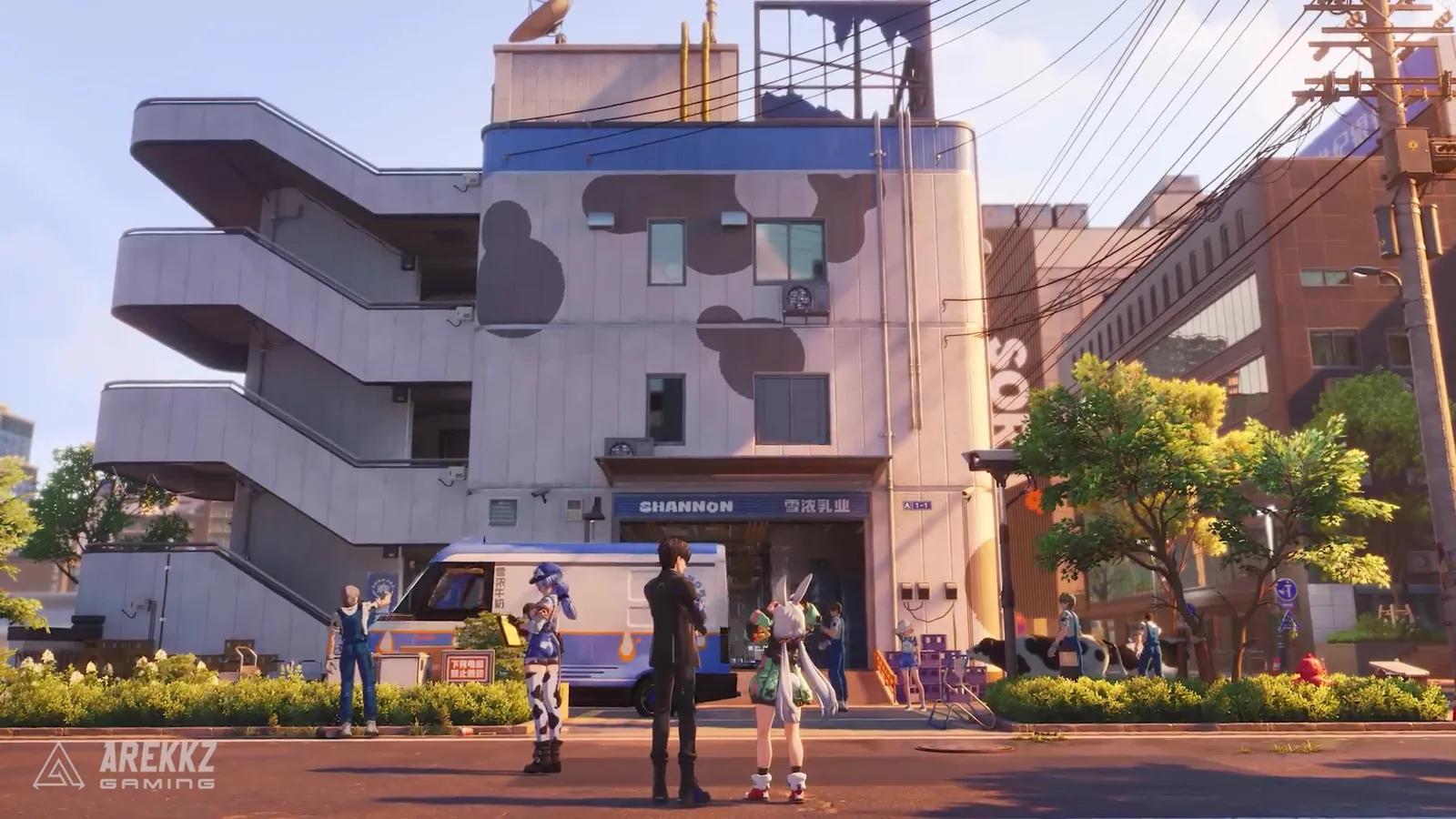 Ananta squad of the Captain, Taffy and two companions standing outside the Shannon dairy building in Nova City at golden hour