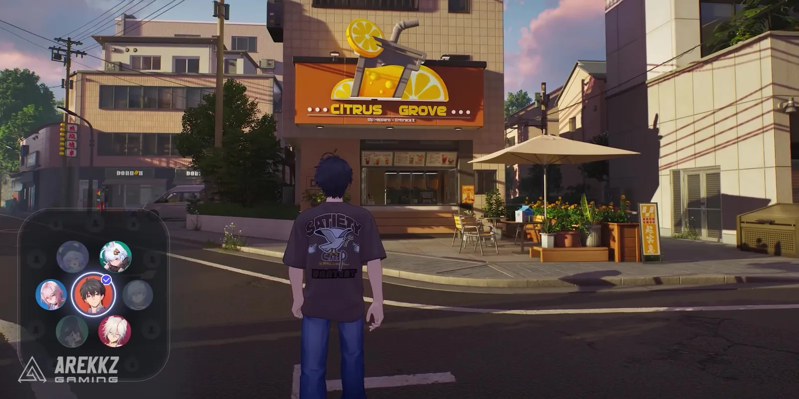Ananta character switch wheel open in the lower left with character portraits around a circle, the player outside the Citrus Grove café