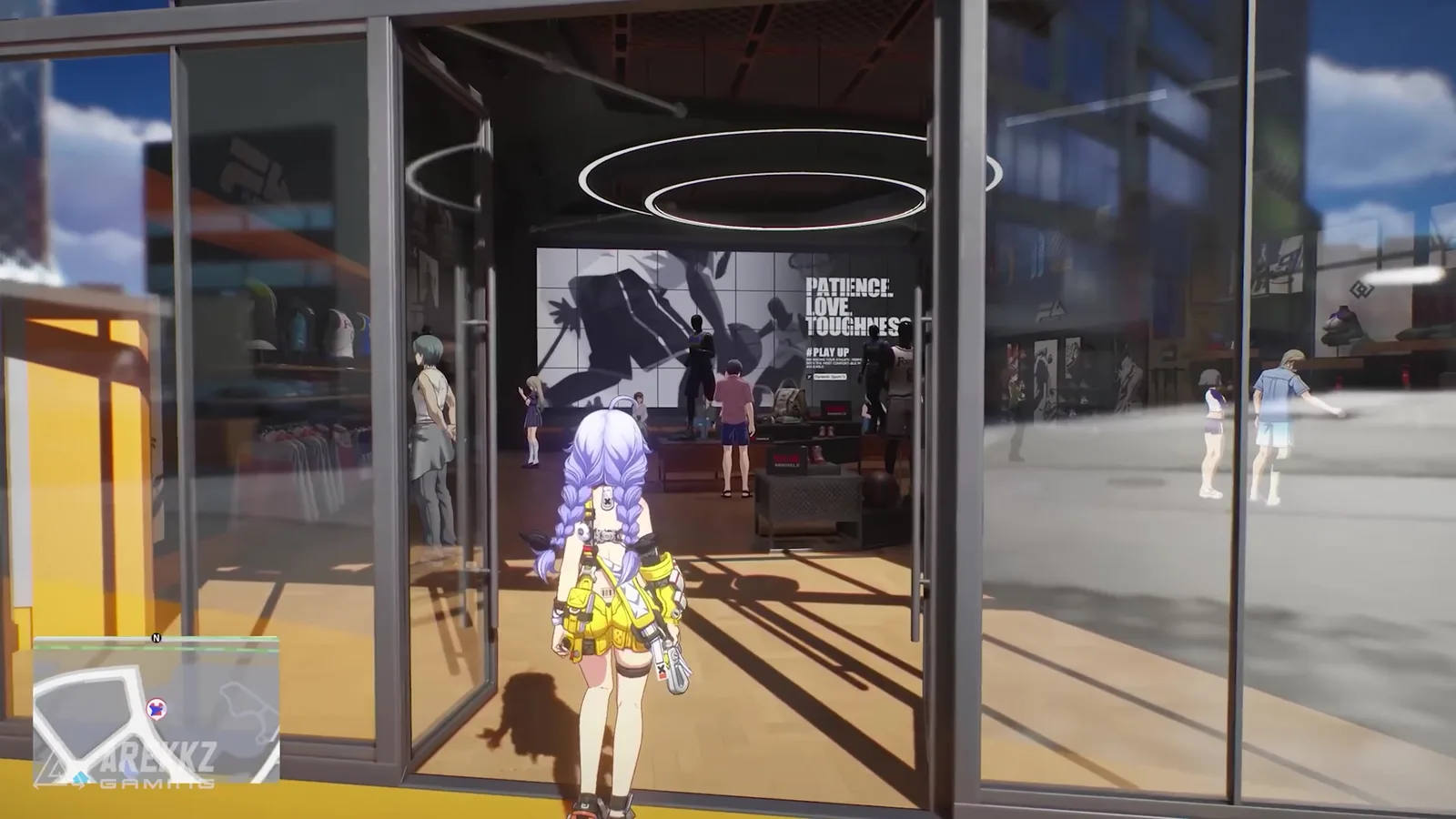 Ananta character walking into the Flexletic clothing store through its glass doors, a Nova City shop for outfits