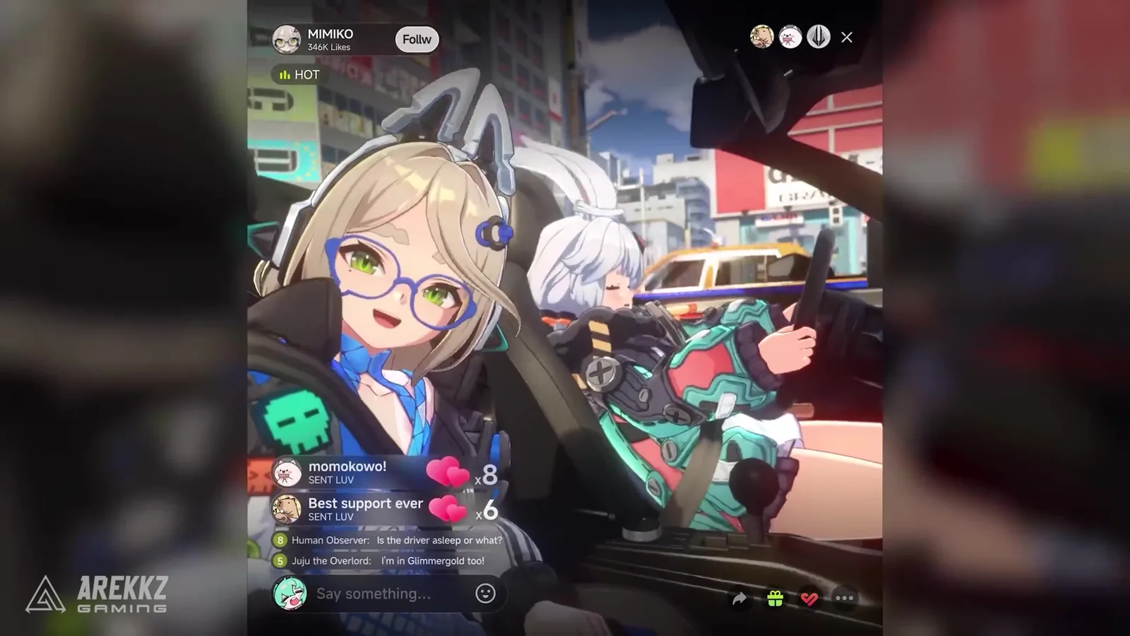 Ananta in-game livestream with a streamer in glasses and Taffy in a car, chat messages and follower counts down the left side