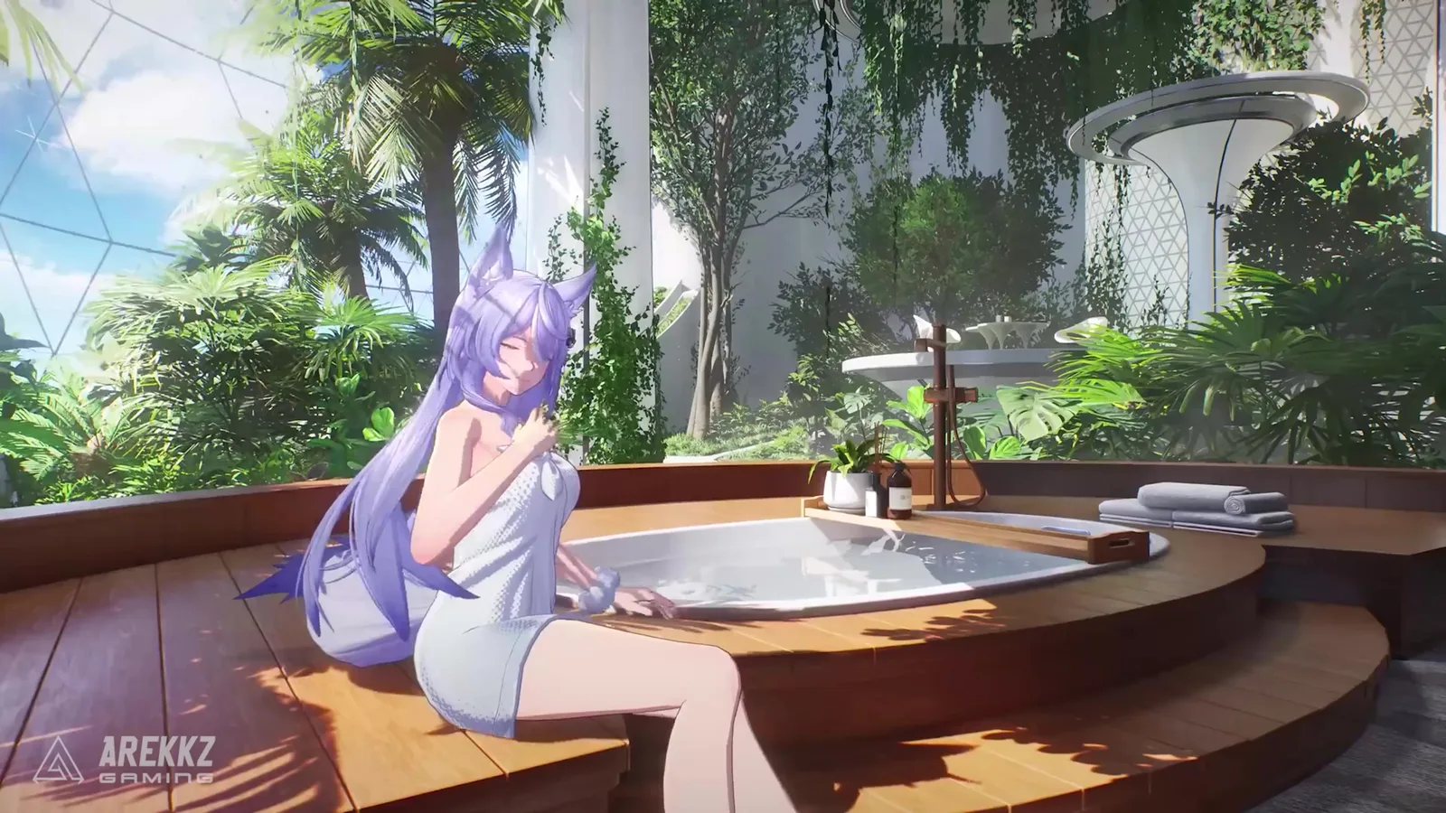 Ananta rooftop hot spring in a greenhouse garden, a purple-haired character in a towel sitting at the edge of the bath