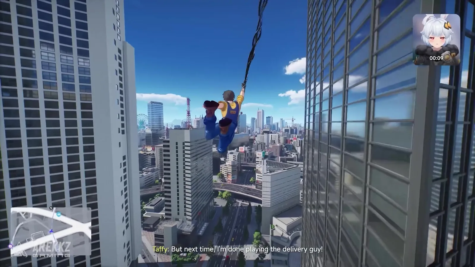 Ananta character swinging between glass skyscrapers on a tendril line high above Nova City, Taffy calling in from the corner