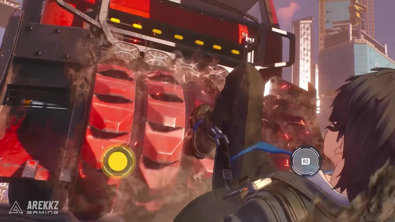 Ananta Captain sliding under a truck with a yellow quick-time prompt on screen during the demo’s highway chase
