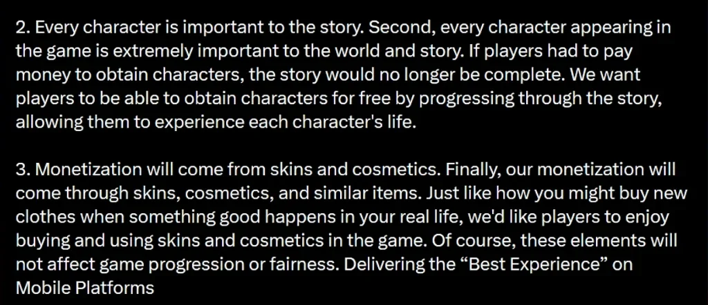 Ananta monetization answer from the GAME Watch interview, reasons two and three: characters free through the story, money from skins and cosmetics, no effect on fairness