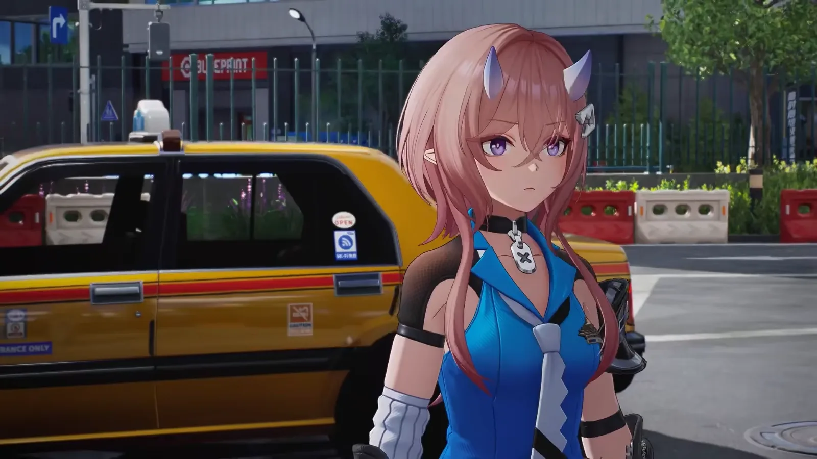 Ananta character with pink hair, small horns and a blue sleeveless outfit standing beside a yellow taxi on a city street in trailer footage