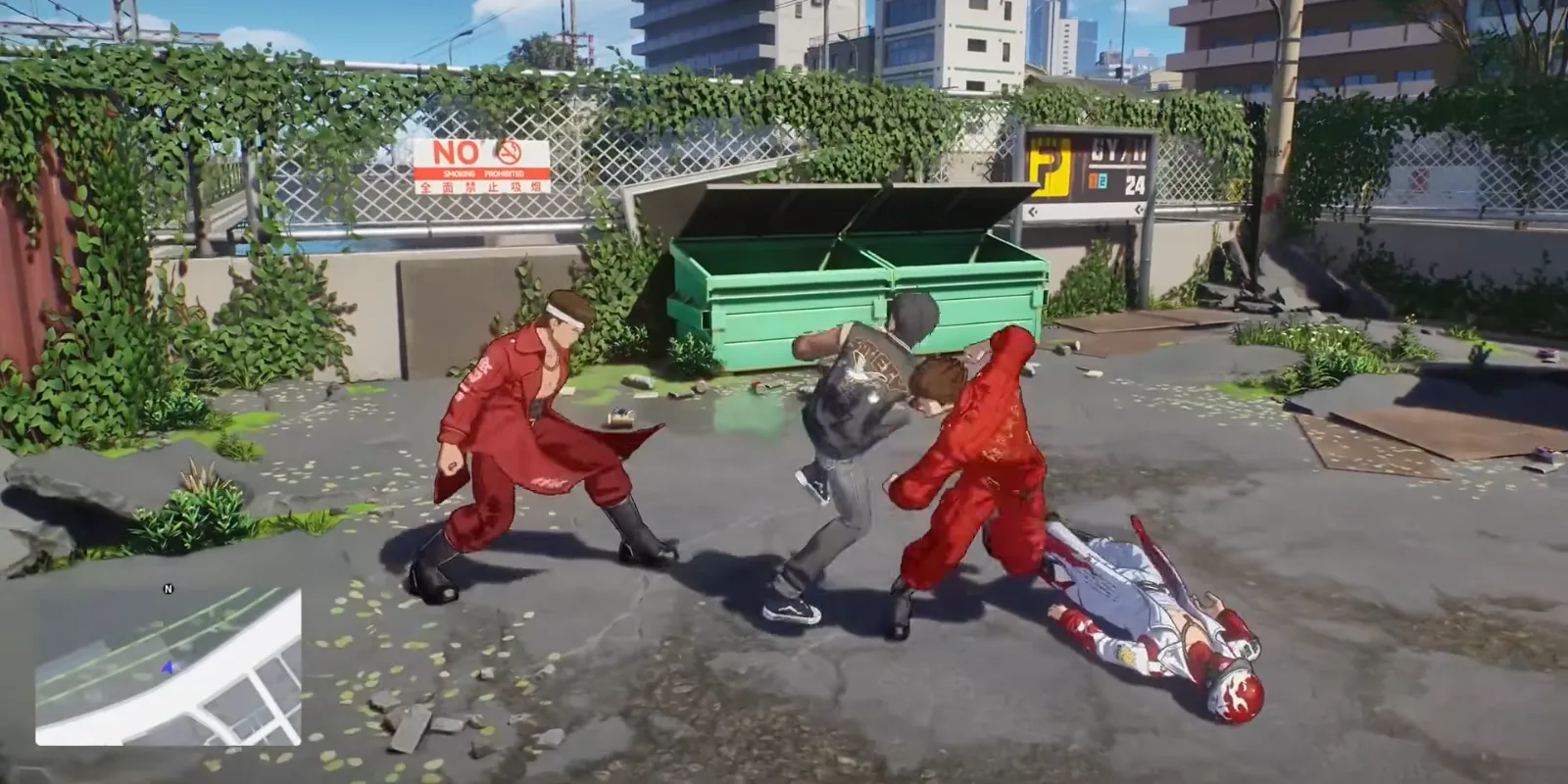 Ananta street brawl beside green dumpsters on an overgrown lot, a fighter in a grey jacket trading blows with two men in red suits