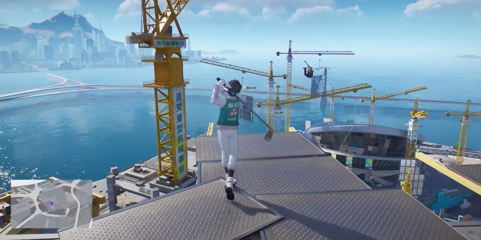 Ananta golf, a character in a green varsity jacket teeing off from the top of a construction crane above Nova City harbour