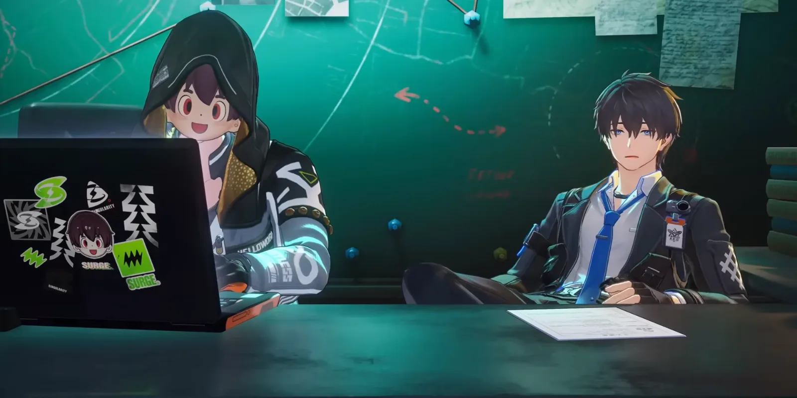 Ananta hooded hacker typing on a sticker-covered laptop, the Captain sitting beside her at a desk under a pinned map