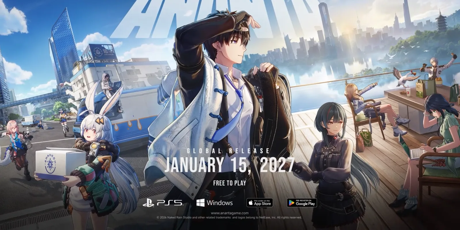 Ananta release key art, the Captain, Taffy and the cast on a harbour pier above the words Global Release January 15, 2027, Free to Play