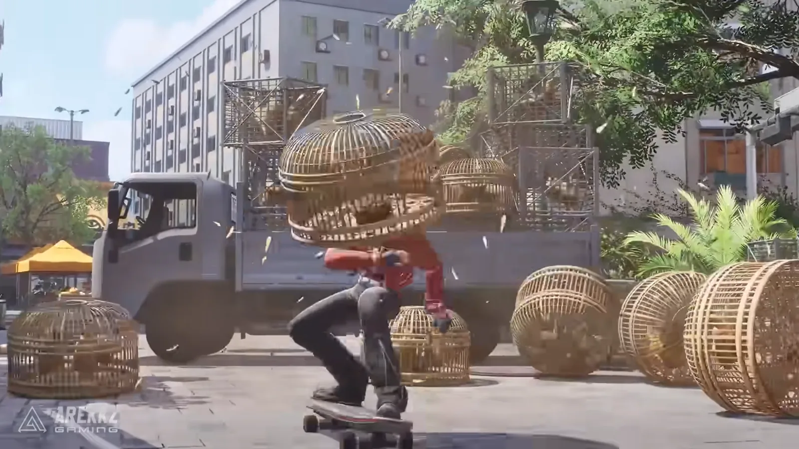 Ananta Captain on a skateboard crashing through a stack of bamboo bird cages beside a parked truck on a city street