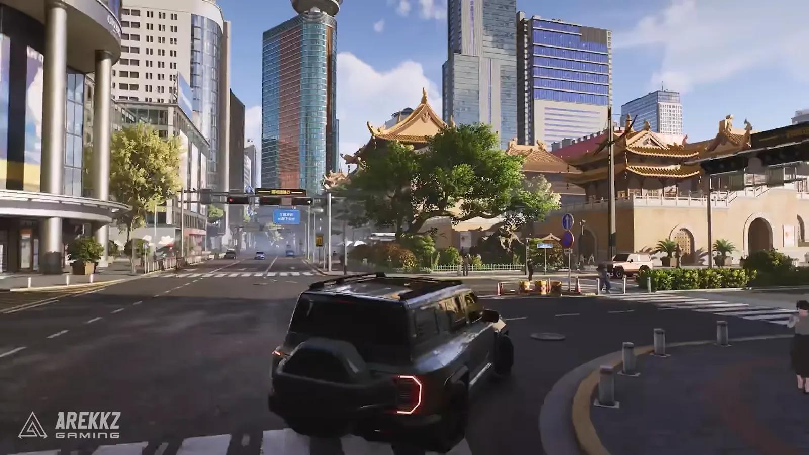 Ananta Chongxiao street with a black SUV driving past a yellow-walled Chinese temple with golden roofs, office towers rising behind it